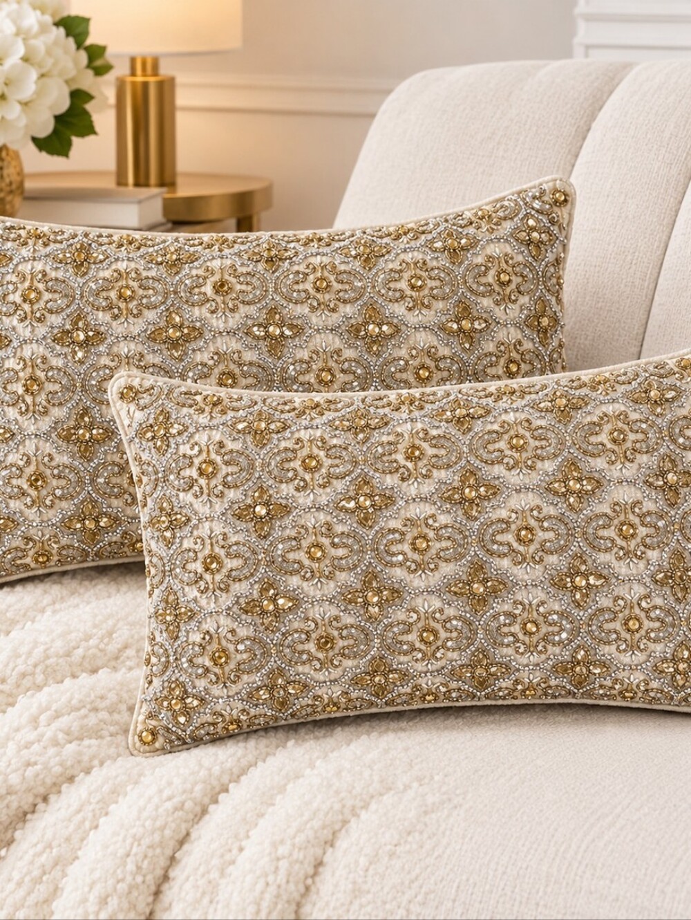 Embellished Gold and Cream Decorative Throw Pillow Pair